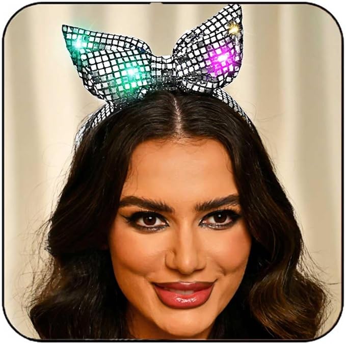 GENBREE Light Up Bow Headband Silver Led Disco Hair Band Glowing Rave Party Costume Hair Accessories for Women