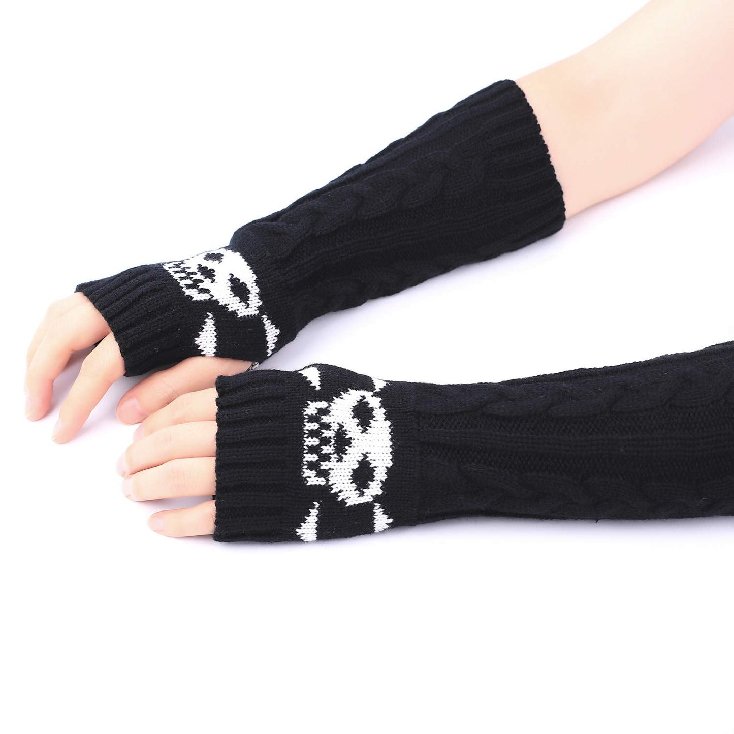 F Flammi Arm Warmers Goth Knitted Fingerless Gloves Punk Skull Hand Warmers for Cosplay Typing Driving