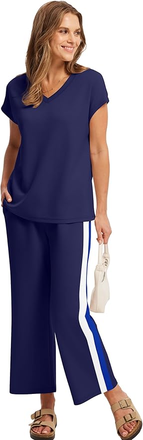 Saloogoe Two Piece Sets for Women Summer Outfits Lounge Sets V Neck Tops Wide Leg Pants Woman Vacation Travel Outfits
