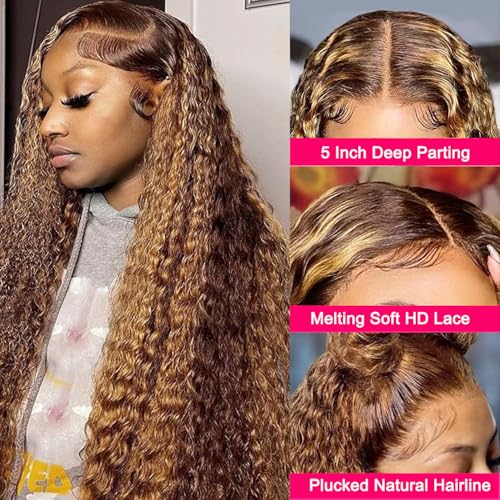 Ombre Lace Front Wig Human Hair Highlight Deep Wave 5x5 Hd Lace Closure Wigs Human Hair 4/27 Colored Glueless Honey Blonde Wig Human Hair Wig Pre Plucked Wet Wavy Curly Wig 180 Density 24 Inch