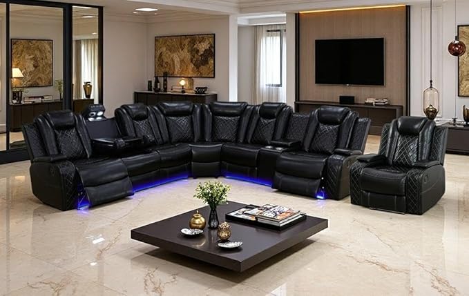 Dekmxas Power Reclining Sectional Sofa, Leather Power Recliner Sofa Set for Living Room, Black Breathing Leather Sectional Reclining Couches Set with LED Light/Cup Holder/USB Port for Home Theater