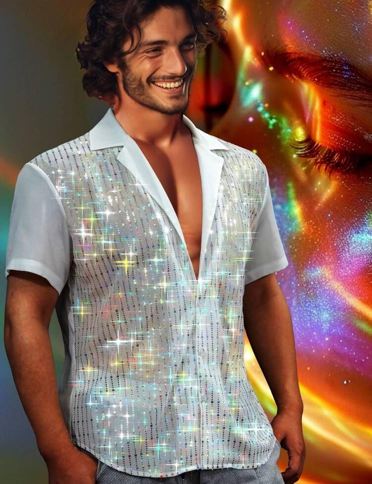 AIBEIX Mens Mesh Sequins See Through 70s Disco Long Sleeve Button Down Shirts