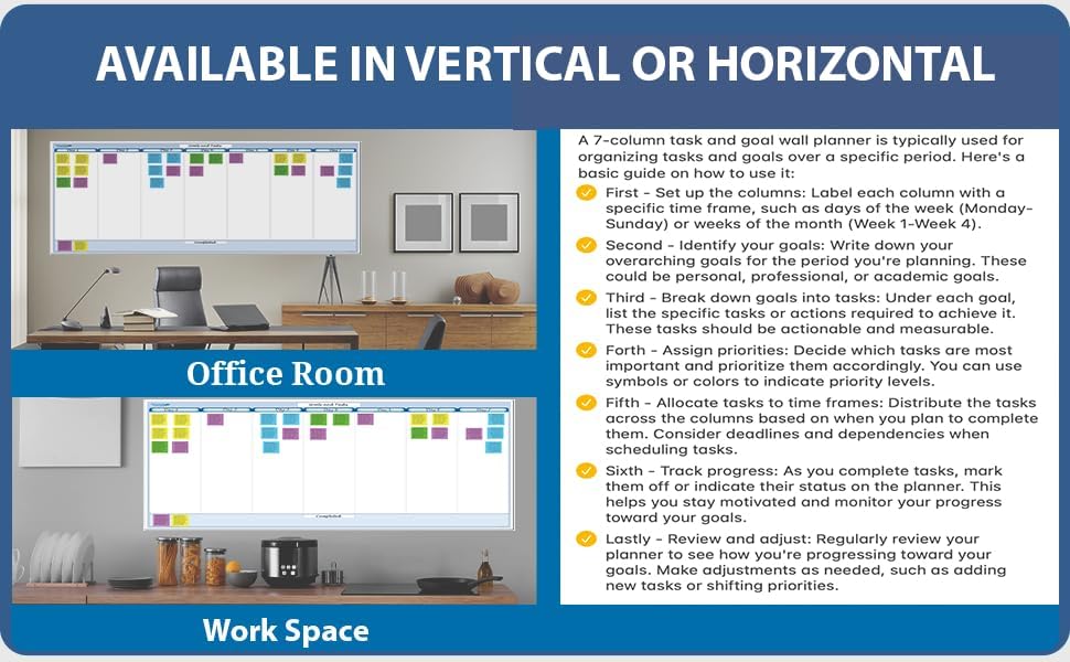 Sky Blue 7-Column Task, Goals & Objective Wall Horizontal Organizer 36" x 75". Complete with Marker