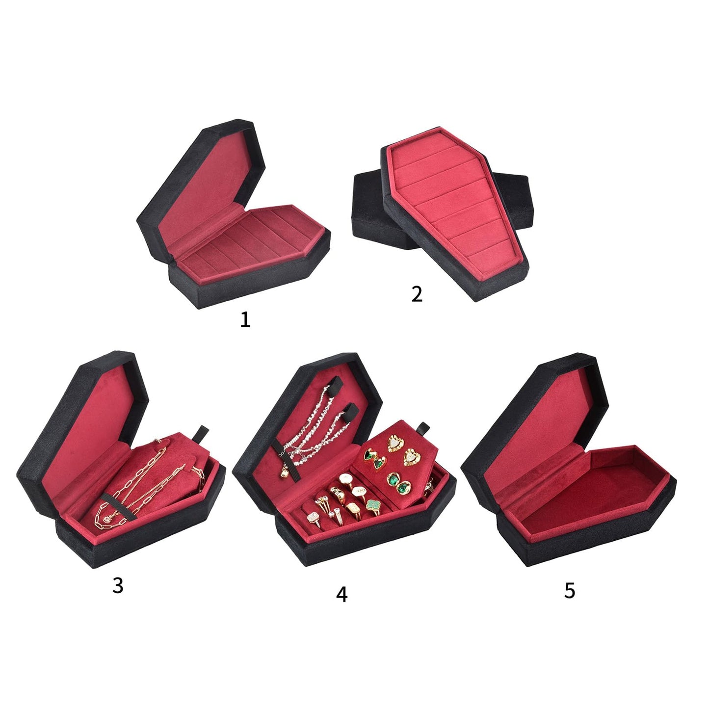JinGuoZiLP Gothic Coffin Shaped Jewelry Box Stylish Velvets Rings Choker Box Case Halloween Jewelry Organizer Decorations for Girls