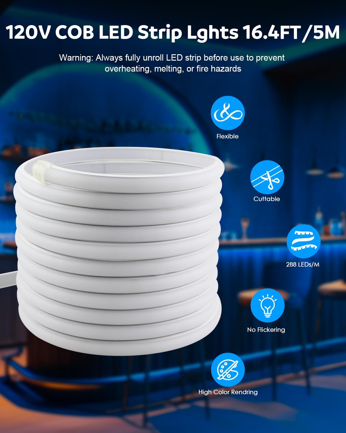 Aclorol COB LED Strip Light 110V 16.4ft/5M Blue LED Strip Lights Outdoor Waterproof IP67 Flexible Rope Lights 288LEDs/M Uniform Glow for Bedroom Hallway Garden Yard Party Christmas Decorations