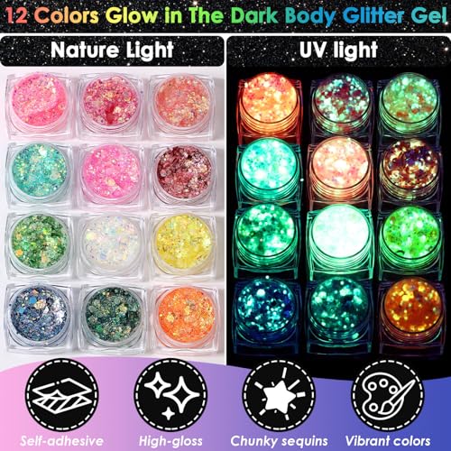Glow in The Dark Glitter Gel with UV Neon Liquid Eyeliner Pen Set for Body Face Hair Eye, Makeup Kit for Rave Accessories ...