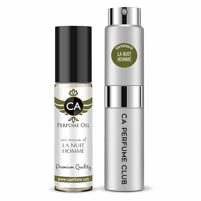 CA Perfume Duo Impression of La Nuit Homme For Men Perfume Layering Set Mens Cologne Long Lasting Travel Size EDP + Body Oil Roll-On Bottle 0.27 Fl Oz+0.33 Fl Oz