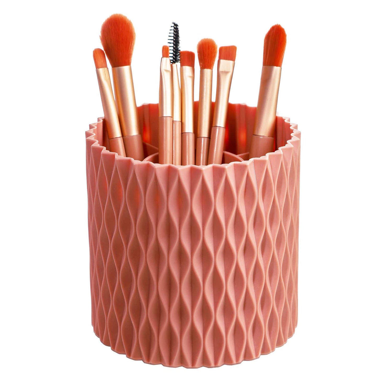 RAMFIYN Pink 360 Rotating Makeup Organizer, Spinning Makeup Brush Holder, Unique Textured Makeup Brush Cups for Vanity Decor, Li