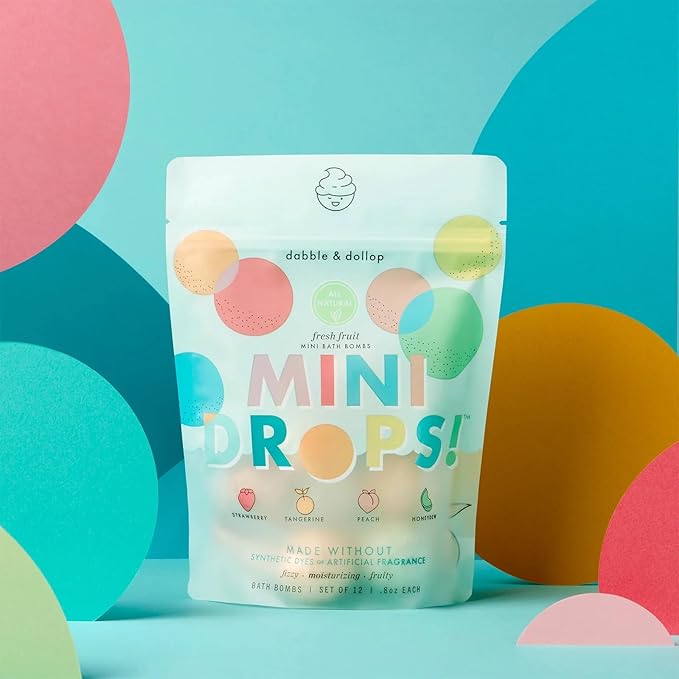 Dabble & Dollop Mini Bath Bombs, 100% Natural Droplets for Kids, Fresh Fruit Scents - Resealable Pouches, Fizzy, Moisturizing & Fun, Vegan, Gluten-Free, Cruelty-Free (Set of 24)