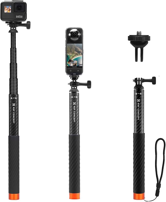 K&F Concept Invisible Selfie Stick, Extension Carbon Long Pole（127cm/50in） for Insta360 X5 Sports Camera GoPro DJI OSMO Po...