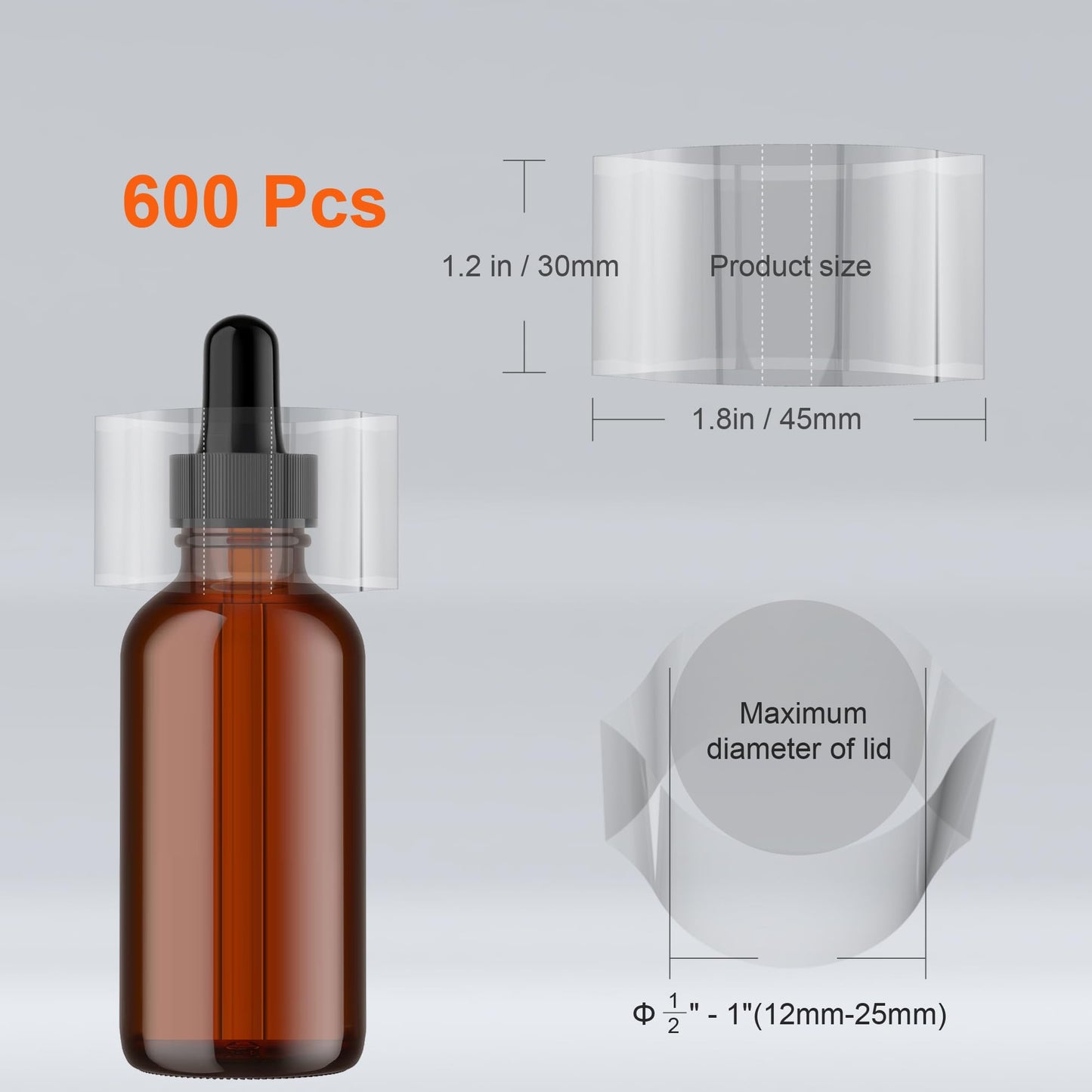 600Pcs Shrink Wrap for Bottles Bands Jars - Clear Heat Shrink Bottle Seals, Easy to use, for Essential Oil Bottle, Dropper Bottle and Test Tube Bottle Cap (1.8 x 1.2 Inch / 45x30mm)