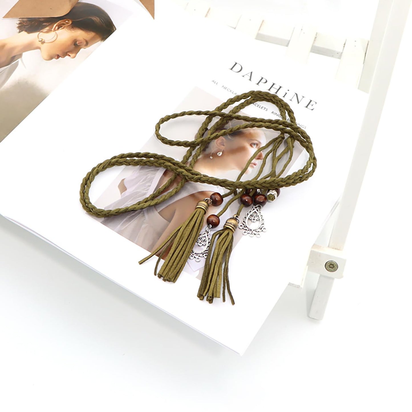 Hedyzone Women's Waist Belts Woven Tassels Chain Belt Skinny Rope Belt for Skirt Dress Boho Style Green