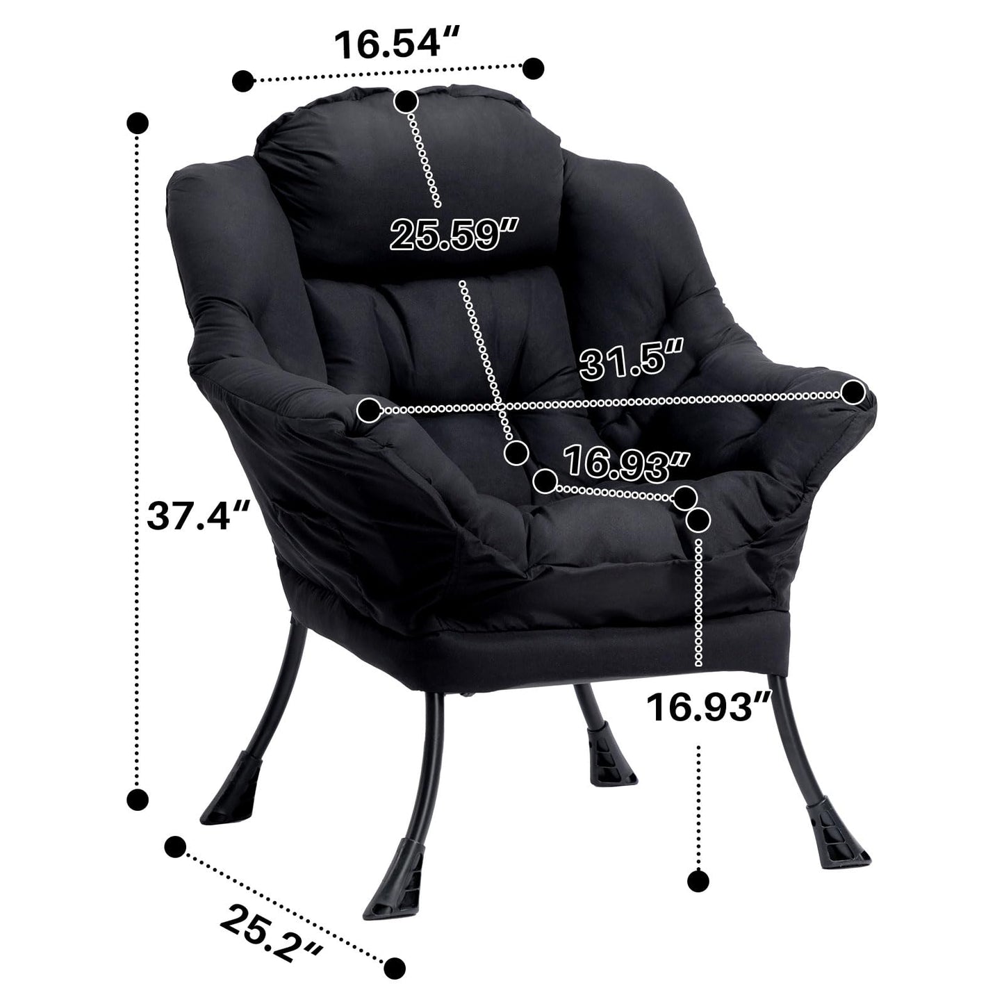 HollyHOME Modern Fabric Large Lazy Chair, Accent Oversized Comfy Reading Chair, Thick Padded Cozy Lounge Chair with Armrest, Leisure Sofa Chair for Living Room, Bedroom, Dorm, Matte Black