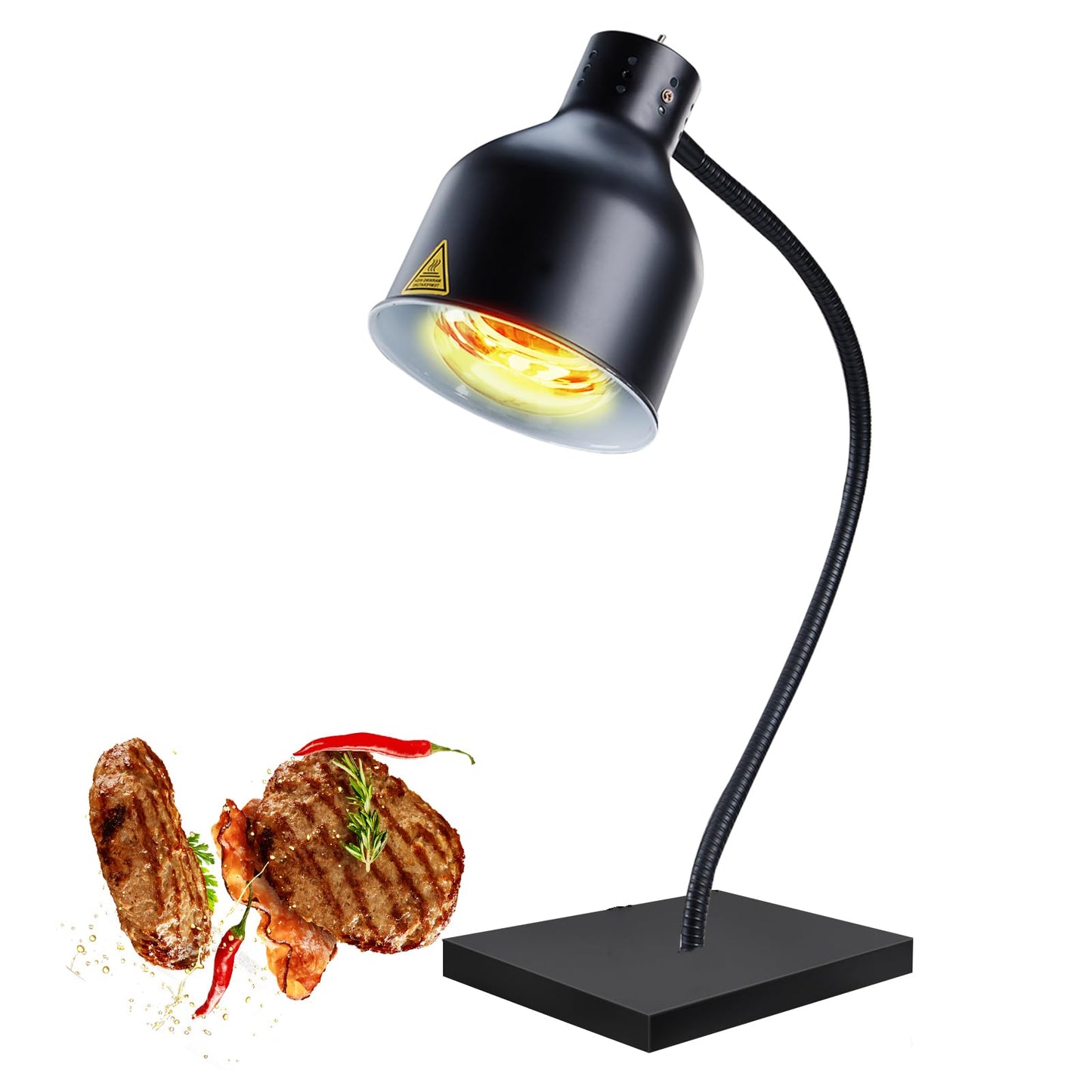 Food Heat Lamp - [2 Bulbs Included] [Rapid-Heating], 500W Commercial Food Warmer Light, Square Base Heat Lamp for Food Catering Warming Lamp for Buffet Parties (Painted Black, 1 Head)