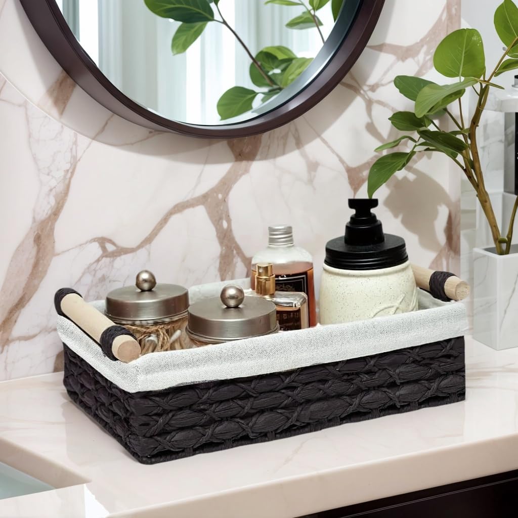 Rattanzenith Set of 2 Handwoven Wicker Storage Baskets with Handles – Small Decorative Organizer Bins for Bathroom, Toilet Tank, Countertop, Toilet Paper Storage, Makeup, Shelf & Home Essentials