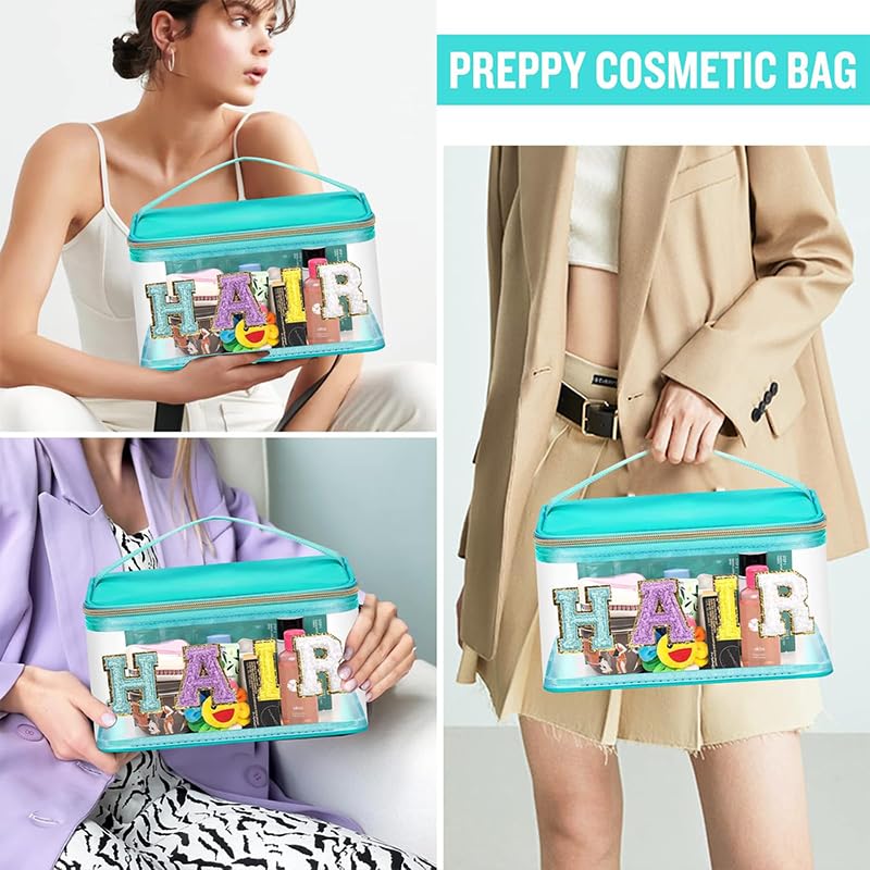 Chenille Letter Clear Makeup Bags Hair Pouch, Preppy Patch Makeup Bag Zipper with Handle, Transparent PVC & Nylon Waterpro...
