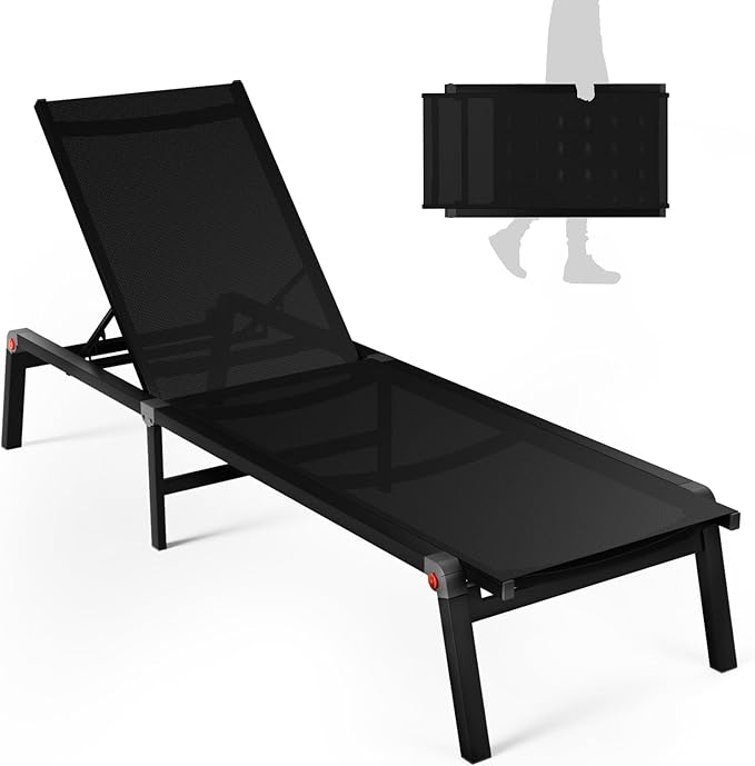 Aluminum Chaise Foldable Patio Lounge Chair Outdoor, Metal Deck Lounger Adjustable 5-Position Recliner Pool Chase Breathable Full Flat Outside Sun Tanning Chairs for Beach/Poolside/Lawn(Black, 1 Pack)