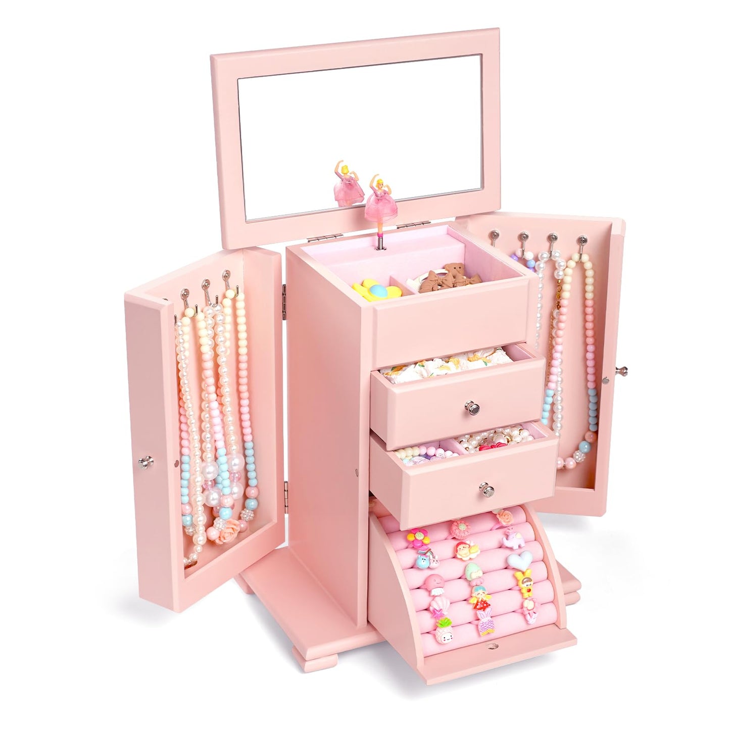 Musical Jewelry Box for Girls, Large Kid Music Box with Ballerina for Birthday Bedroom Decor, 5 Layer Girl Jewelry Gifts for Girls Kids - Pink