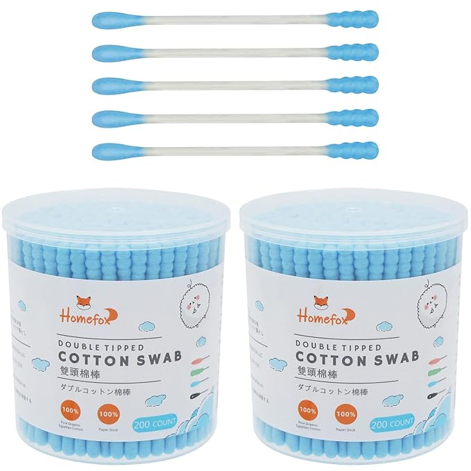 Blue Cotton Swabs Spiral - 400 Count Organic Cotton Buds Double Side Tightly Wrapped Cotton Tips Paper Stick Soft Gentle Lint-Free Cruelty-Free, Round & Spiral (Blue)