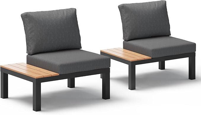Oasbira Aluminum Outdoor Patio Sofa Set, 2 Seats Modular Sectional Sofa with Side Table, Thick & Removable Cushions, All-Weather Outdoor Conversation Sets for Garden & Yard, Graphite