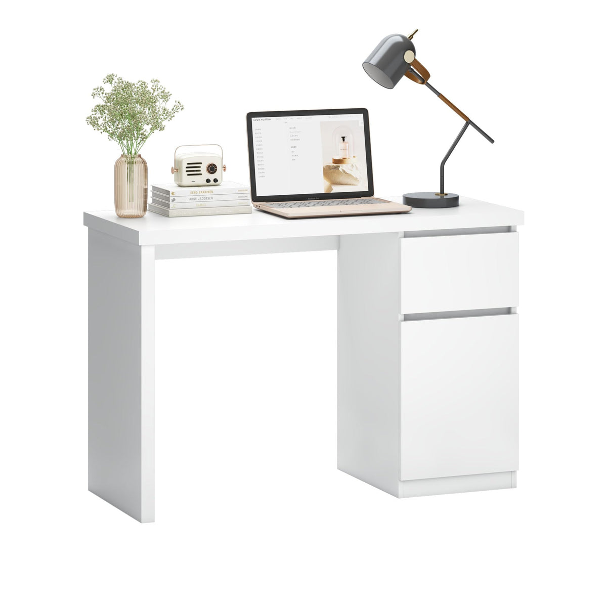 furtble White Desk with Drawers, 43 Inch Small Cute Desk for Bedroom, Home Office PC Desks Workstation Study Table Deskswith Storage, White