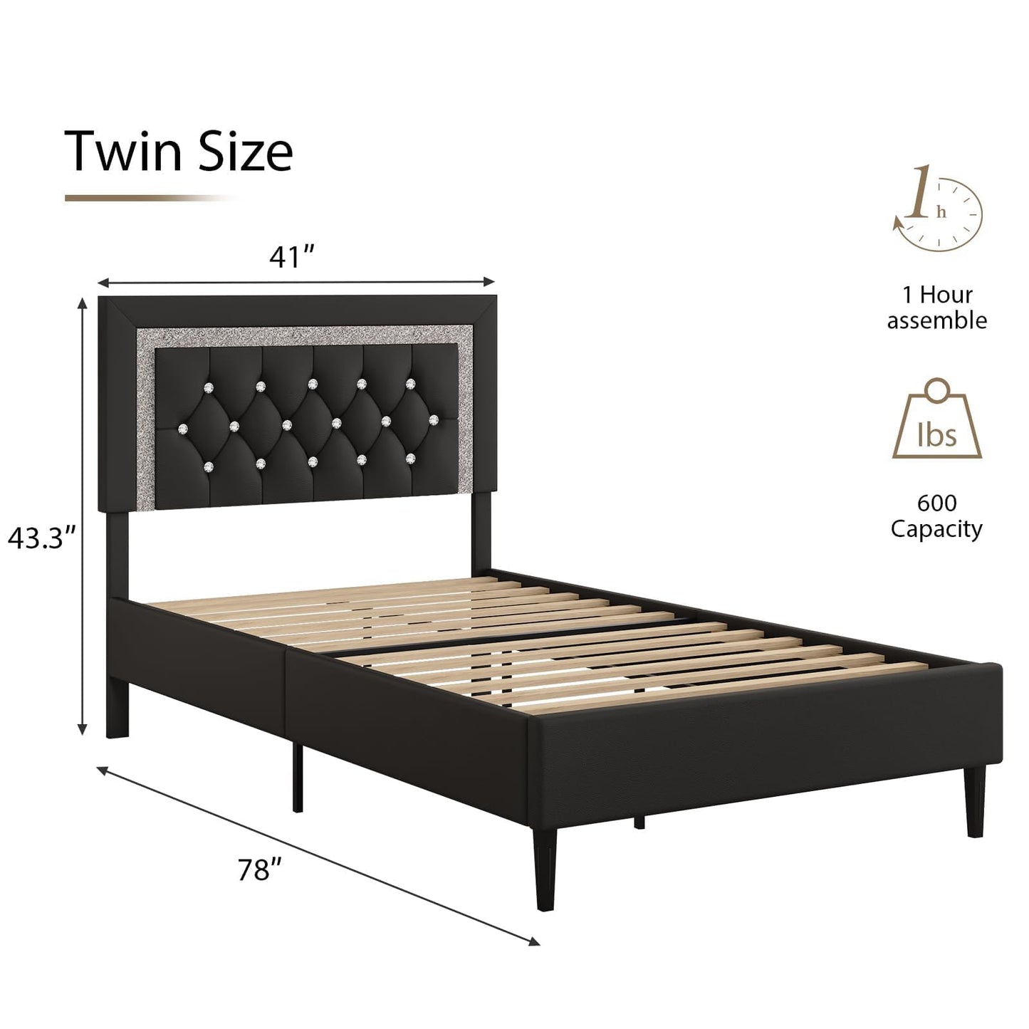 Twin Bed Frame with Tufted Button Headboard, Upholstered Platform Bed Frame with Diamond Design, Wood Slat Support, No Box Spring Needed, Easy Assembly, Black
