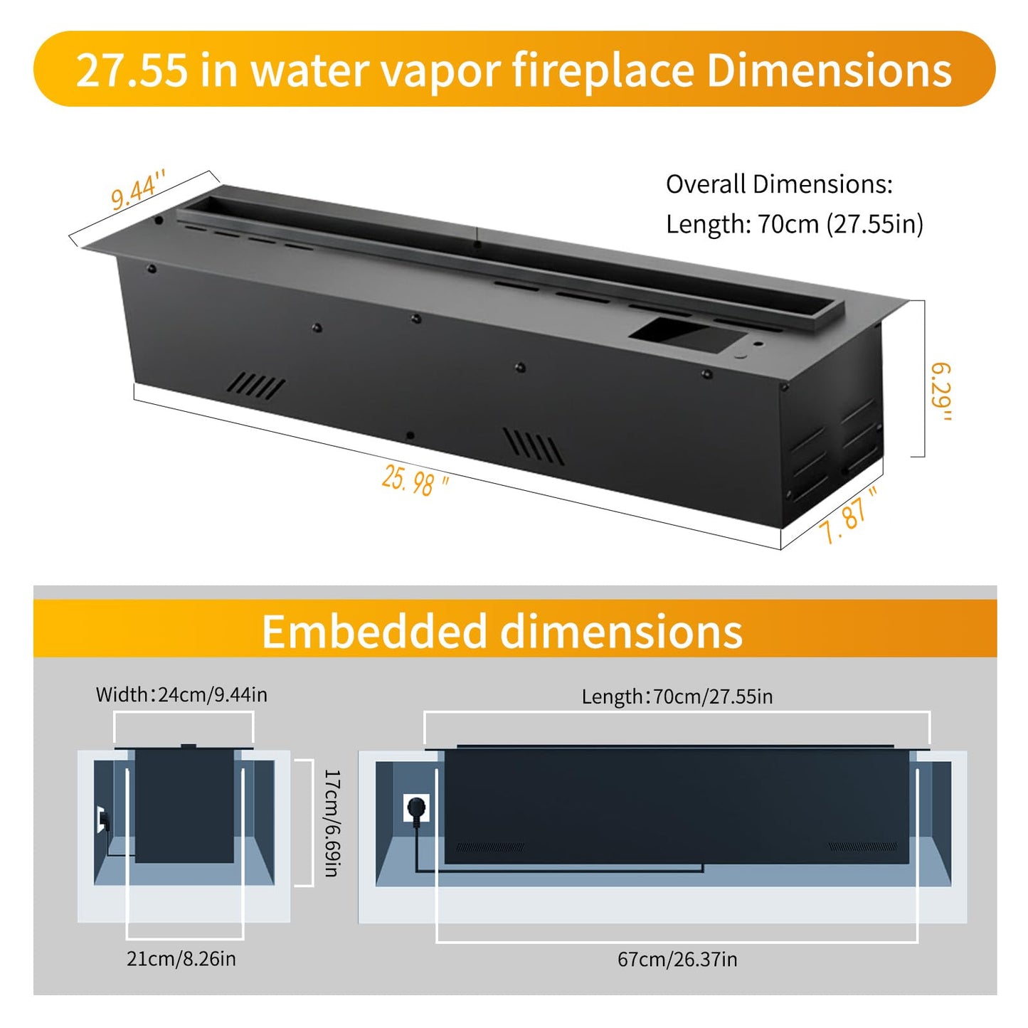 Water Vapor Fireplace Atomized Fake Fire, Recessed Electric Fireplace Humidifier Touchable Atomized Flame Equipped with Remote Control, Adjustable Flame Humidifying Atomization 27 Inch