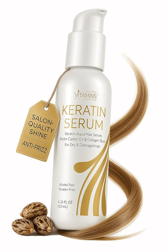 VITAMINS hair cosmetics Keratin Hair Serum Oil for Frizzy, Dry, Damaged Hair - Anti-Frizz Shine Gloss Treatment, Heat Protectant with Biotin, Castor Oil and Collagen - 4.25 fl oz