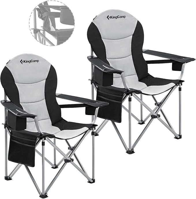 KingCamp Folding Portable Camping Chairs Oversized Padded Quad Arm Chair with Cooler Bag, Cup Holder and Side Pocket, Heav...