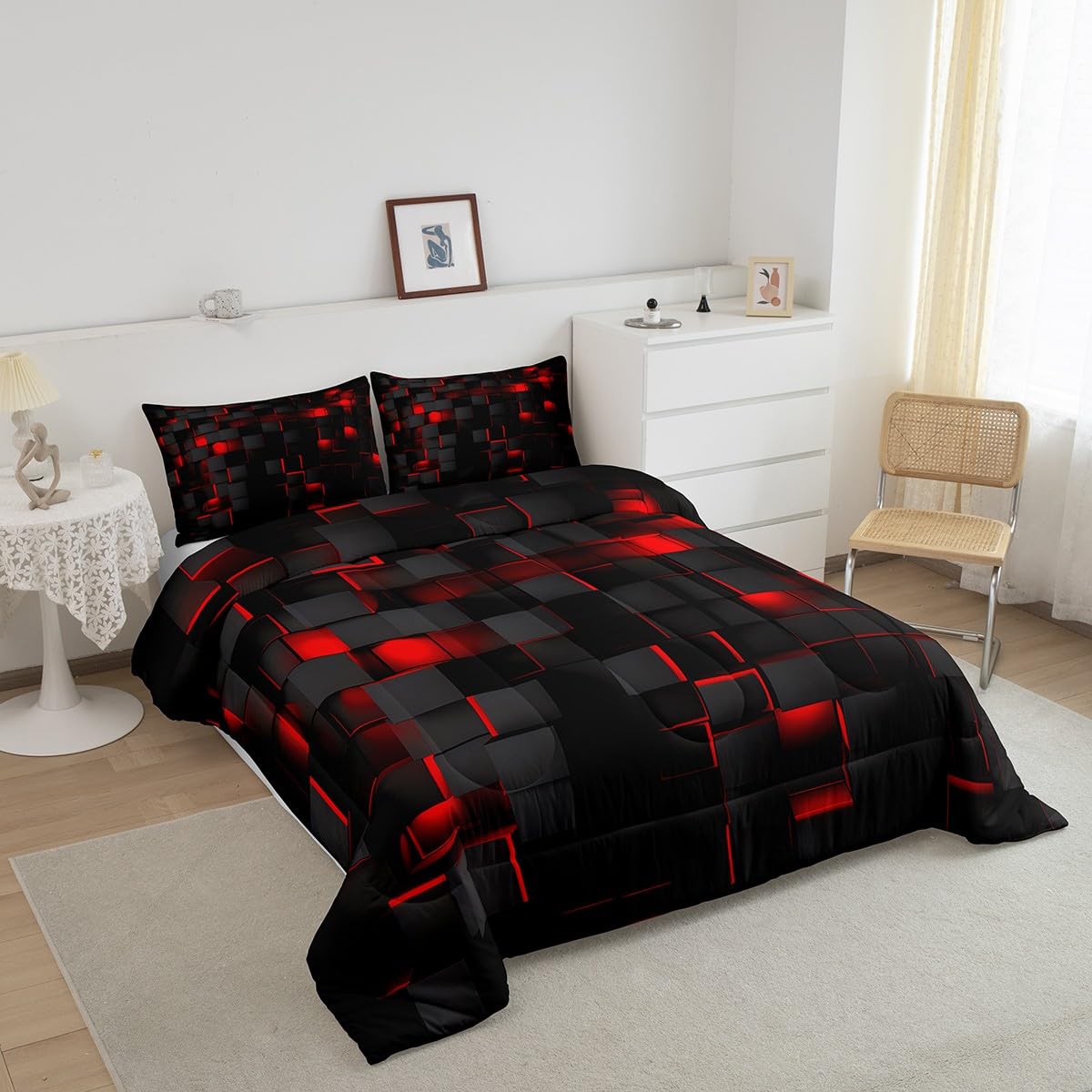 Feelyou Red and Black Bedding Set Queen Size Light Geometric Comforter Set for Kids Boys Girls Geometry Decor Comforter Modern Duvet Set