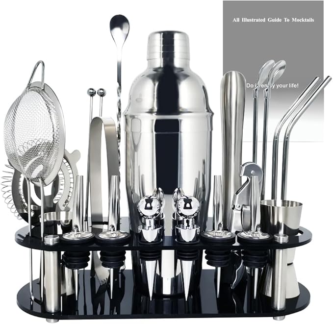 Cocktail Shaker Set, 24oz Cocktail Shaker 21-Piece Stainless Steel Bar Tools Bartending Kit with Black Acrylic Stand Cockt...
