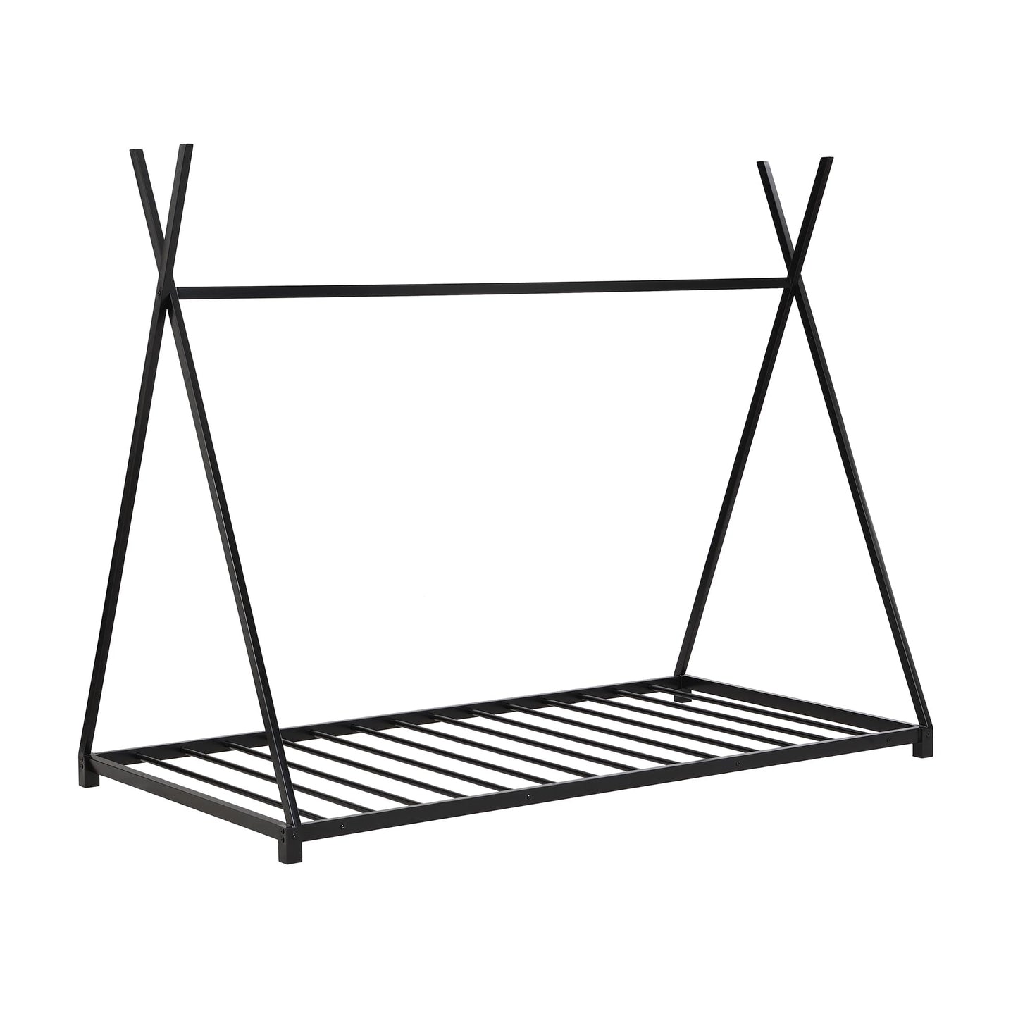 kuurfuurdo Twin Size House Bed for Kids, Metal Montessori Floor Bed Platform BedFrame with Triangle Structure Tent with Slat for Kids Girls Boys, No Box Spring Needed Easy Assembly