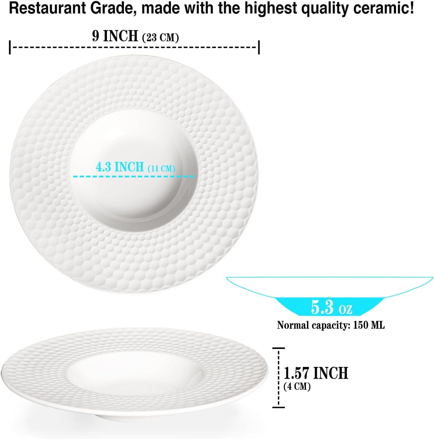 Ceramic Wide Rimmed Soup Plate, Soup Bowl 5.3 oz, Pasta Bowl Set of 4,White Shallow Bowl Plate, Soup Bowl with Rim, Best choice for high-end restaurants, hotels, and foodies,9 Inch
