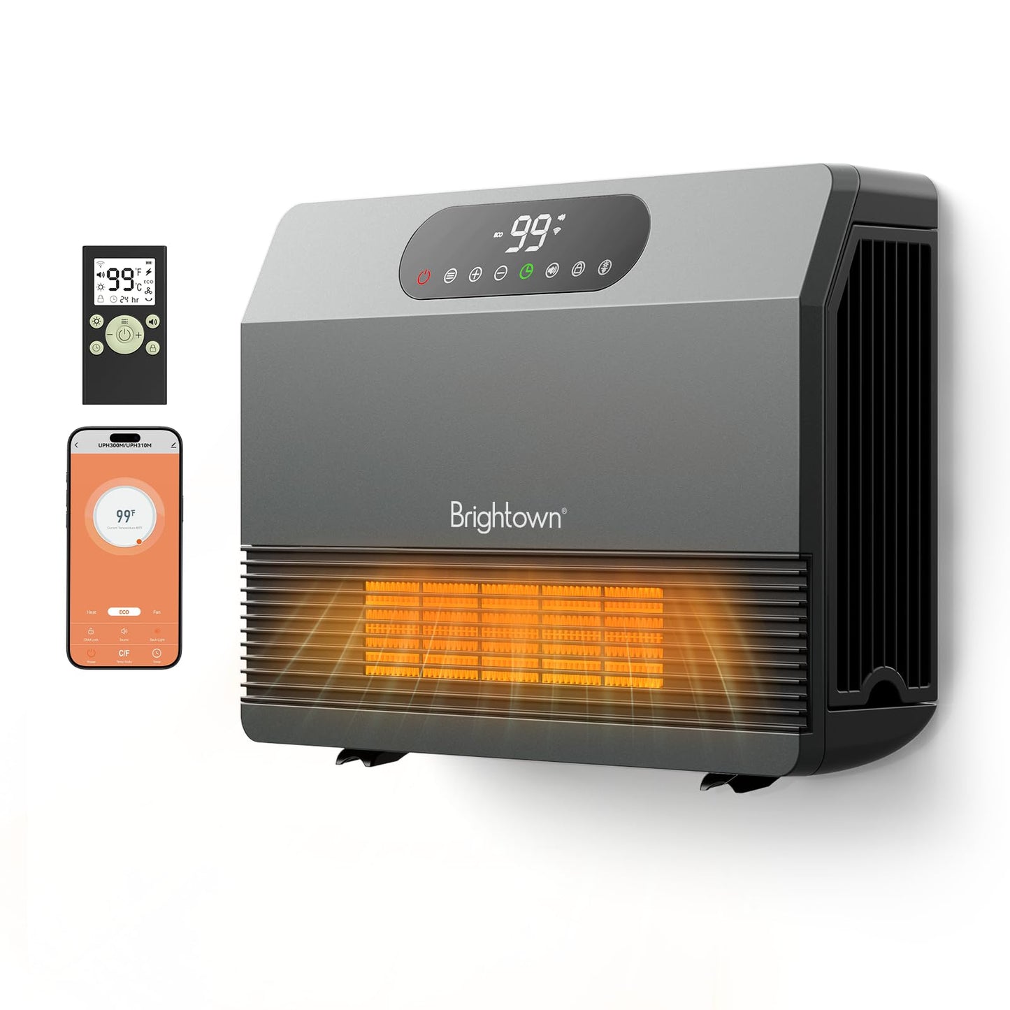 Brightown Smart Wall Heater, 1500W Electric Space Heater for Indoor Use, 5 Optional Modes, Adjustable Thermostat, Remote Control, Energy Efficient Easy-Mount Heater for Bedroom, Works with Alexa, Grey