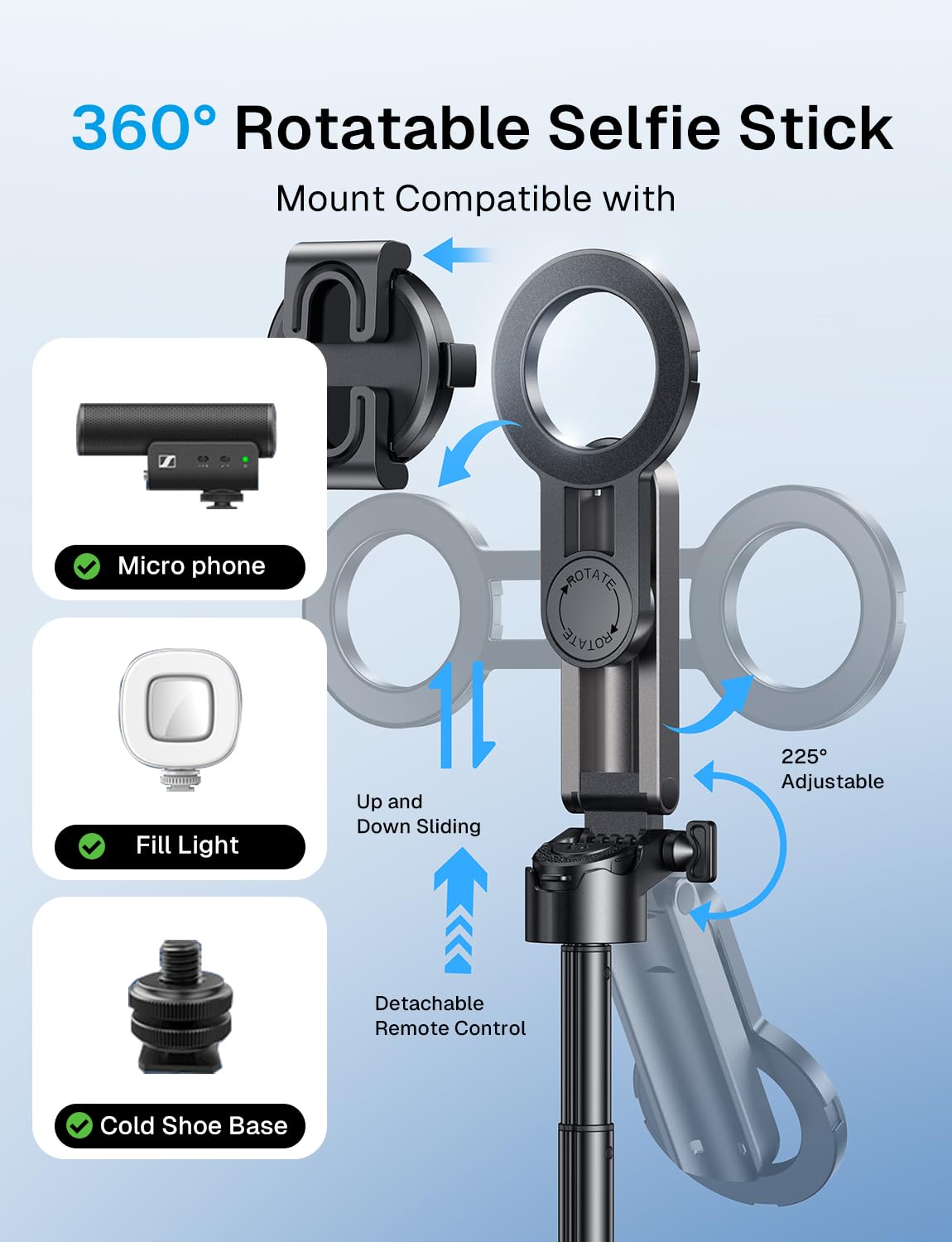 Magic John Phone Tripod With 2 Selfie Light, Portable Pocket Size Selfie Stick For Iphone Magsafe, Selfie Stick With Wireless De