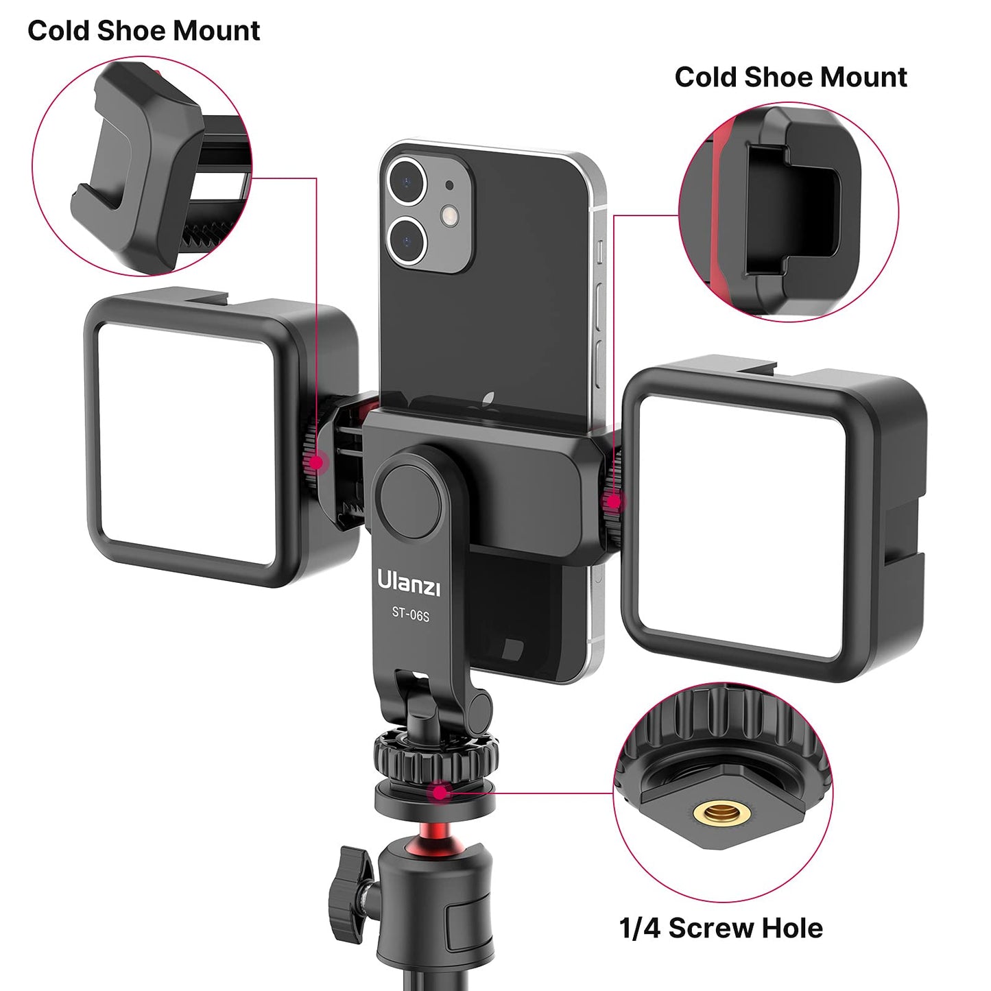 Ulanzi Phone Tripod Mount St-06S, Universal Smartphone Mount Adapter With 2 Cold Shoe, 360 Rotates Adjustable Cell Phone Clip Cl