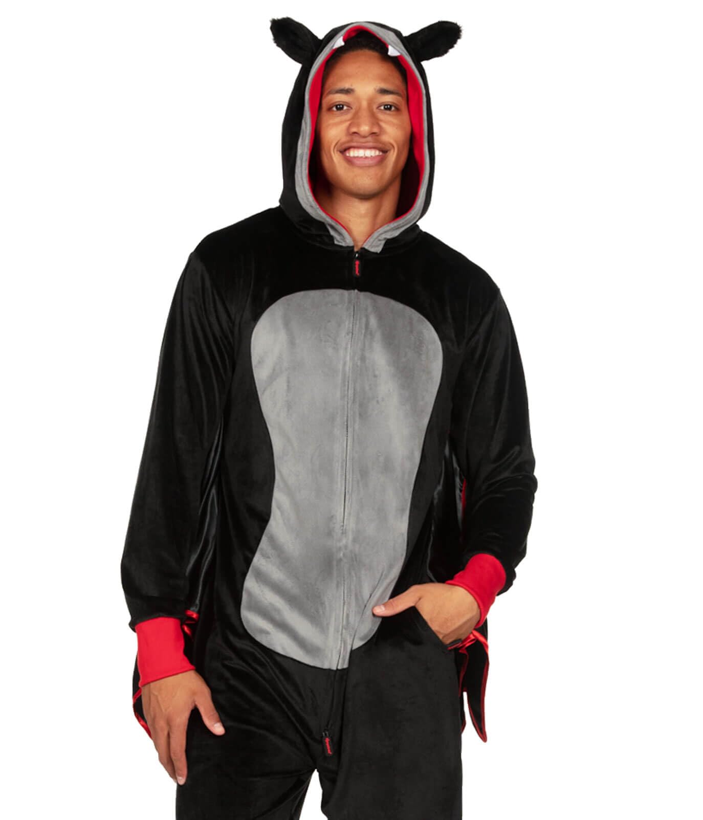 Tipsy Elves Men's Bat Halloween Costume - Funny Flying Animal Halloween Jumpsuit with Attached Wings - Black Bat Halloween Costume Including Hood with Integrated Teeth and Stuffed Ears Size Large