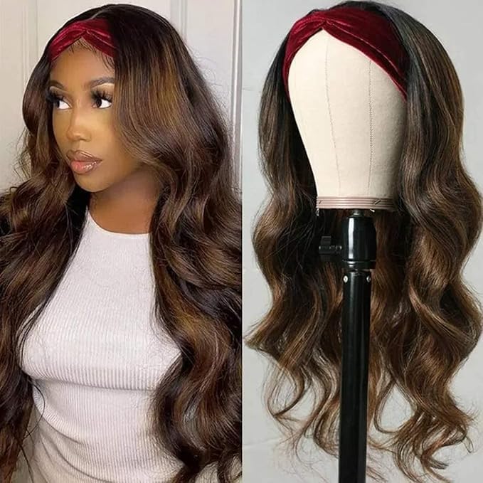 Emistar Mixed Brown Headband Wig - 26" Wavy Synthetic Hair for Black Women, Glueless, 150% Density, Body Wave