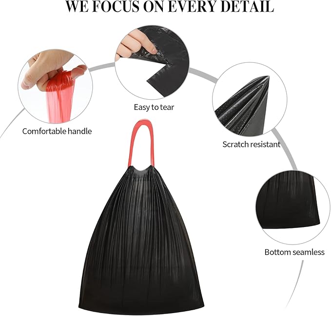 3Rolls Drawstring Small Trash Bags,4 Gallon Thicken Drawstring Small Garbage Bags for Kitchen,Bathroom,Bedroom,Home,Office Trash Cans，60 Counts (Black)