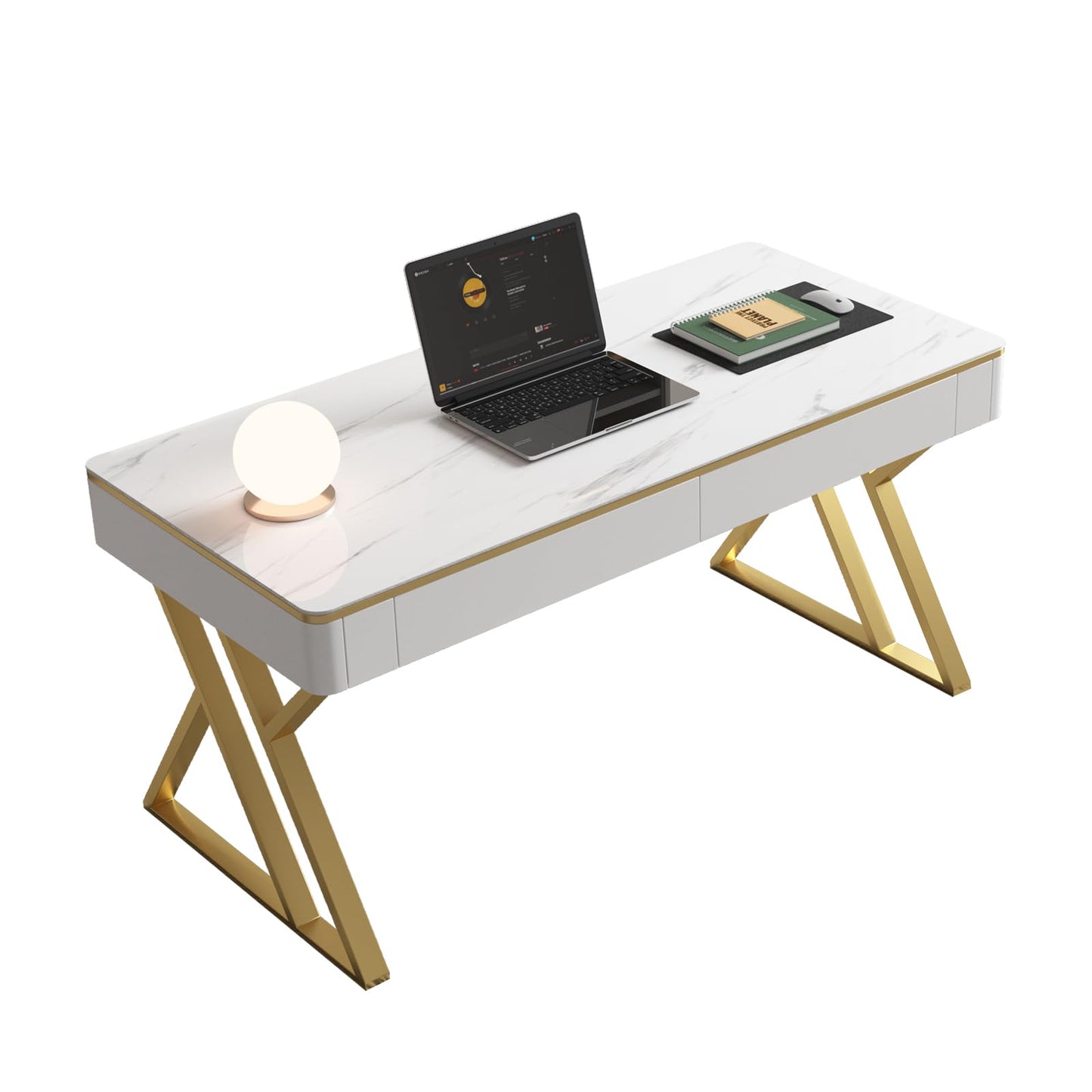 Dongge Modern Office Computer Desk with Tempered Glass Top & Marble Pattern, White Wooden Gaming Desk with Drawers, Thick Lacquered Writing Desk for Home Office, Bedroom and Living Room (XZ-104)