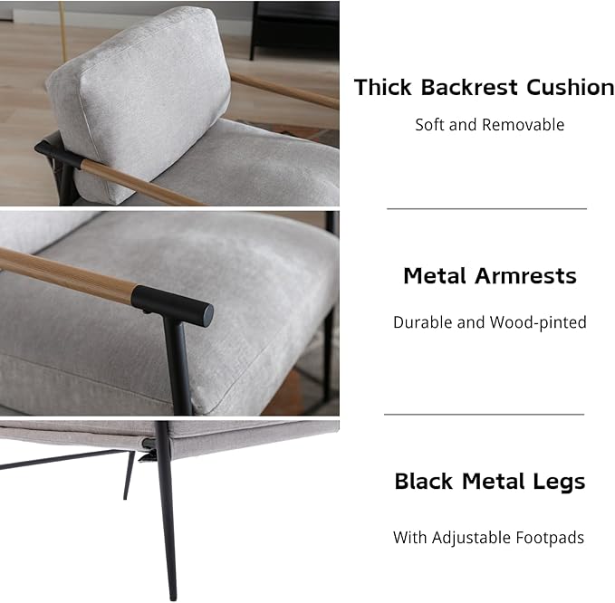 HEAH-YO Modern Accent Chair Set of 1, Upholstered Chenille Living Room Chair with Backrests, Comfy Reading Armchair for Bedroom, Gray