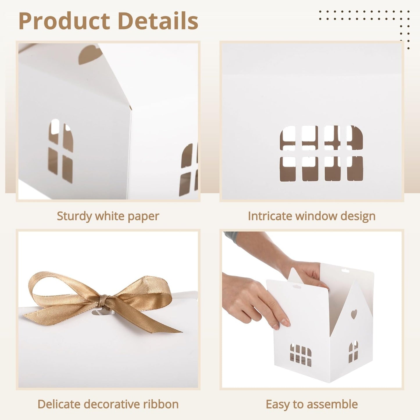 OMISTAR House Shaped Gift Boxes - 50 Pcs House Shaped Paper Bakery Packaging Candy Box With Gold & Pink Ribbons Cardboard Treat Boxes For Present Giving, Candy Boxes For Bridal Shower, Party