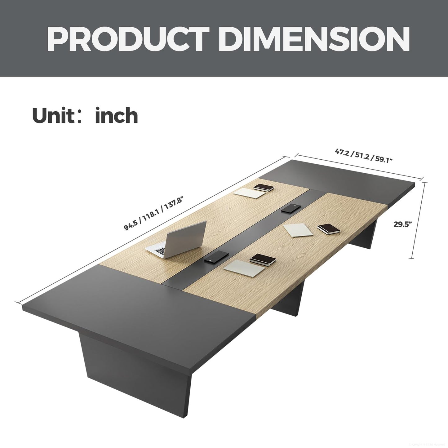 Nuipesn 138 Inch Rectangular Conference Table for 12-14 People, Built-in Power Outlets and USB Charging Ports, Cable Management, 2 Inch Thick Top, 500 lb Capacity, Oak and Grey