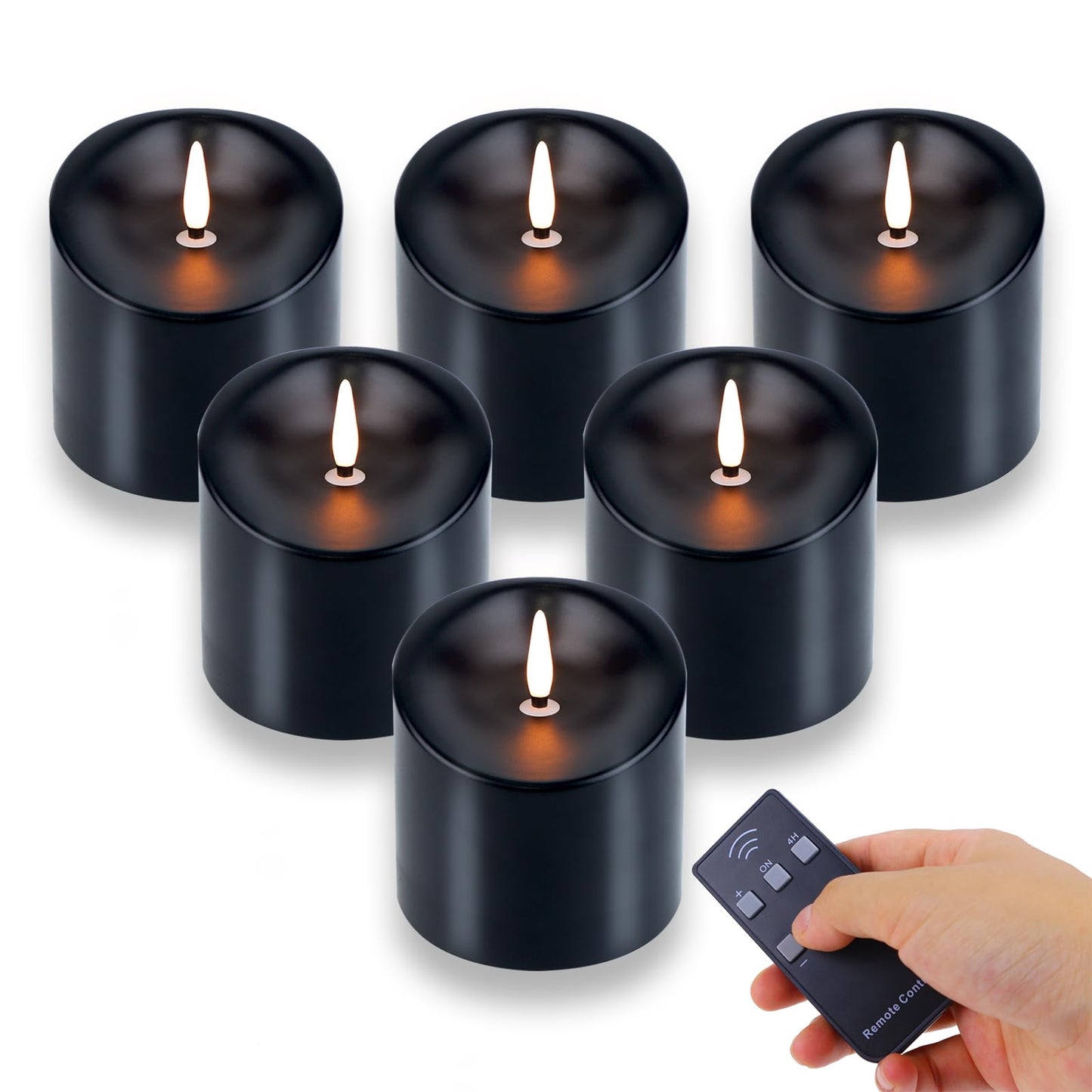 TECHLONG 3"x3" Black Flickering Flameless Candles, Waterproof Halloween Battery Operated Candles with Remote Timer, Last 600 Hours Electric Fake Black LED Candles for Gothic Room Decor, Set of 6