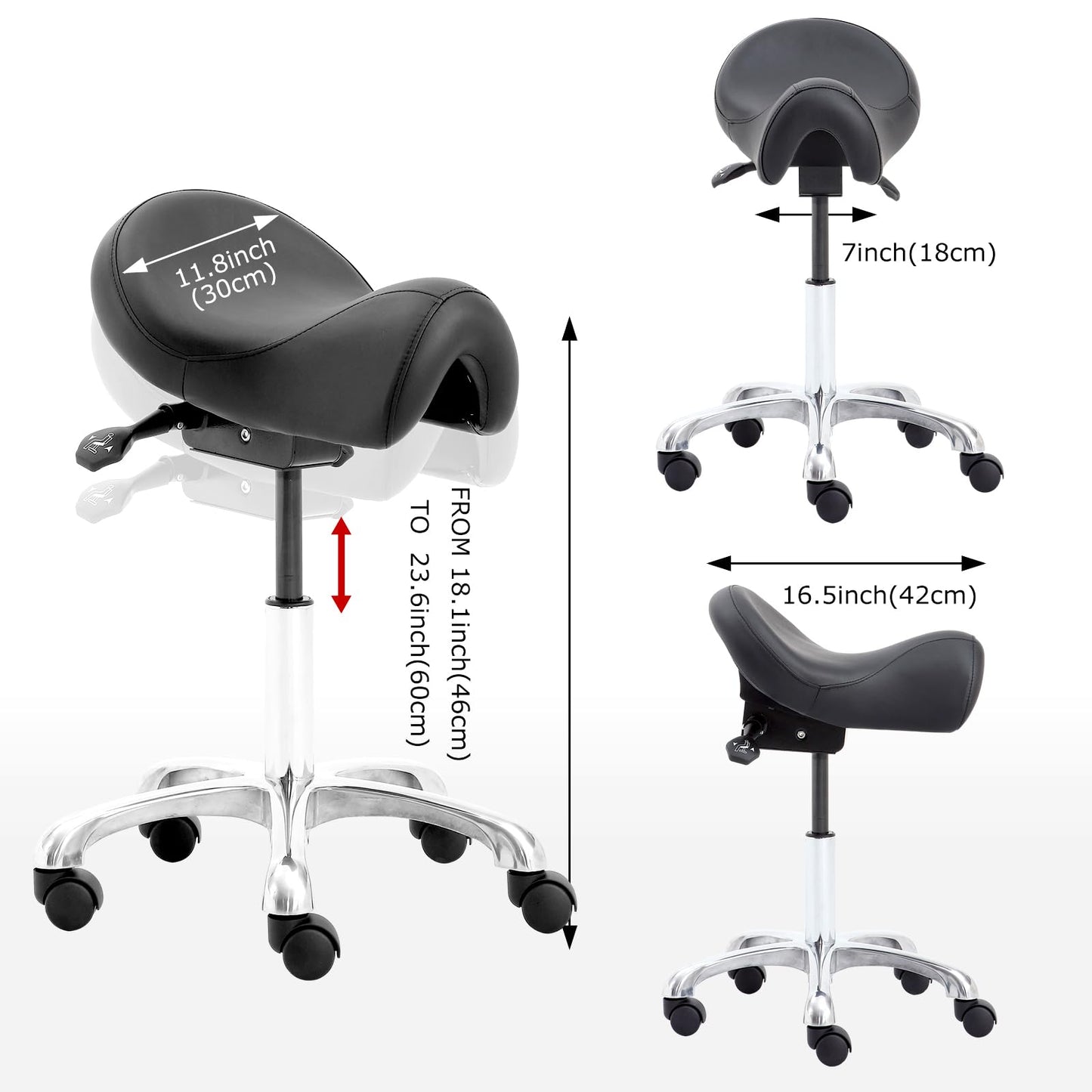 Eognyzie Saddle Stool with Wheels, Height Adjustable Ergonomic Rolling Saddle Chair for Salon Tattoo Shop Spa Home Dentist Clinic, Black Saddle Stool