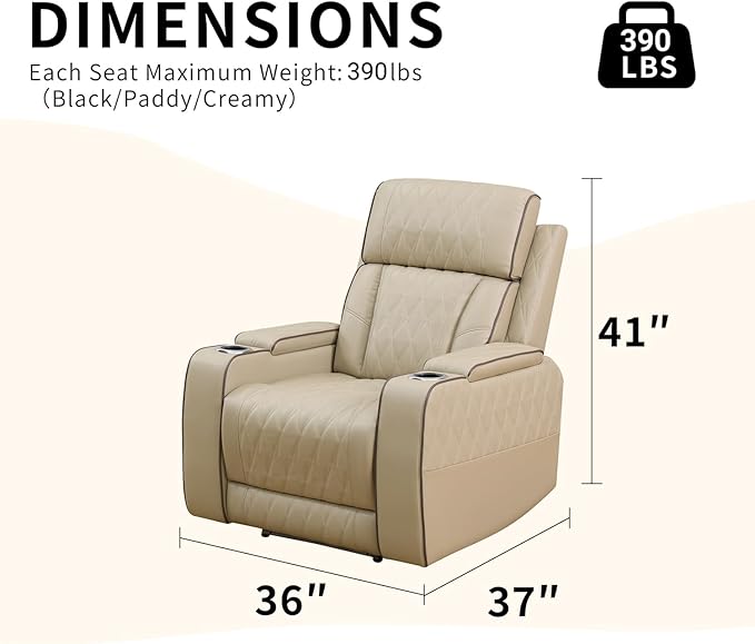 Caberryne Power Recliner Chair with LED Lights,Leather Reclining Couch with Storage Console/Arm Cup Holder for House/Home Theater/Small Space/Rv(Single Chair,Paddy)