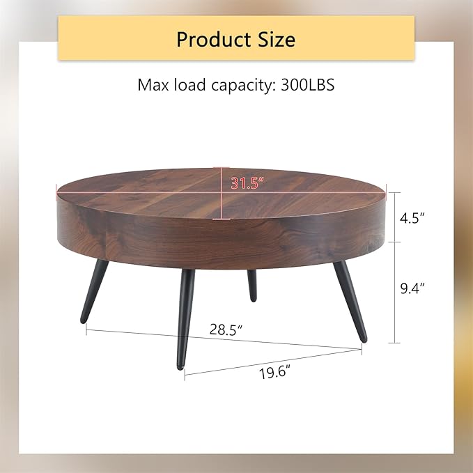 LKTART Coffee Table for Living Room, Round Wood Coffee Tables with Storage, Modern Metal Accent Center Tea Table for Apartment Small Space (31Inch-Walnut)