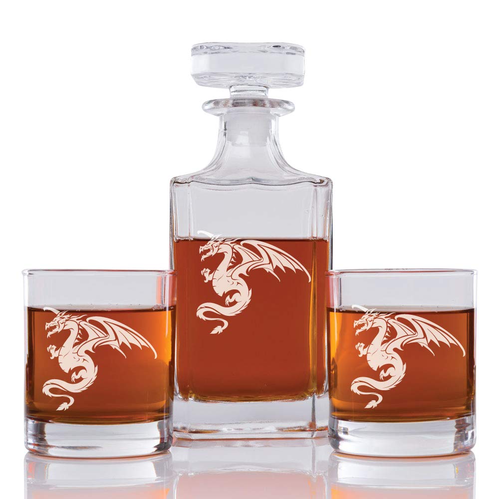 Gifts & Company Abby Smith Dragon Engraved Decanter and Rock Glasses, Set of 3, 750 ml, Drinkware Set