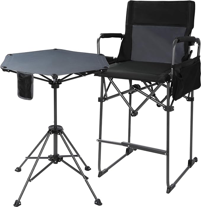Stonehomy Tall Folding Directors Chairs & Adjustable Height Folding Table Set,Portable Outdoor Bar Table & Foldable Director Chairs with Makeup Pocket for Backyard,Beach,Travel with Storage Bag