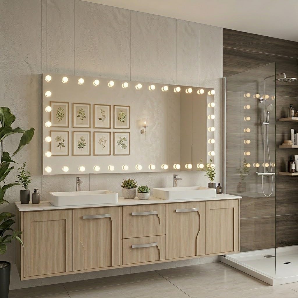 WTTY 84"x40" Hollywood Vanity Mirror with Lights, Wall-Mounted Makeup Mirror with 3 Color Temperatures, Stepless Dimmable Bulbs, Anti-Fog & Shatter-Proof